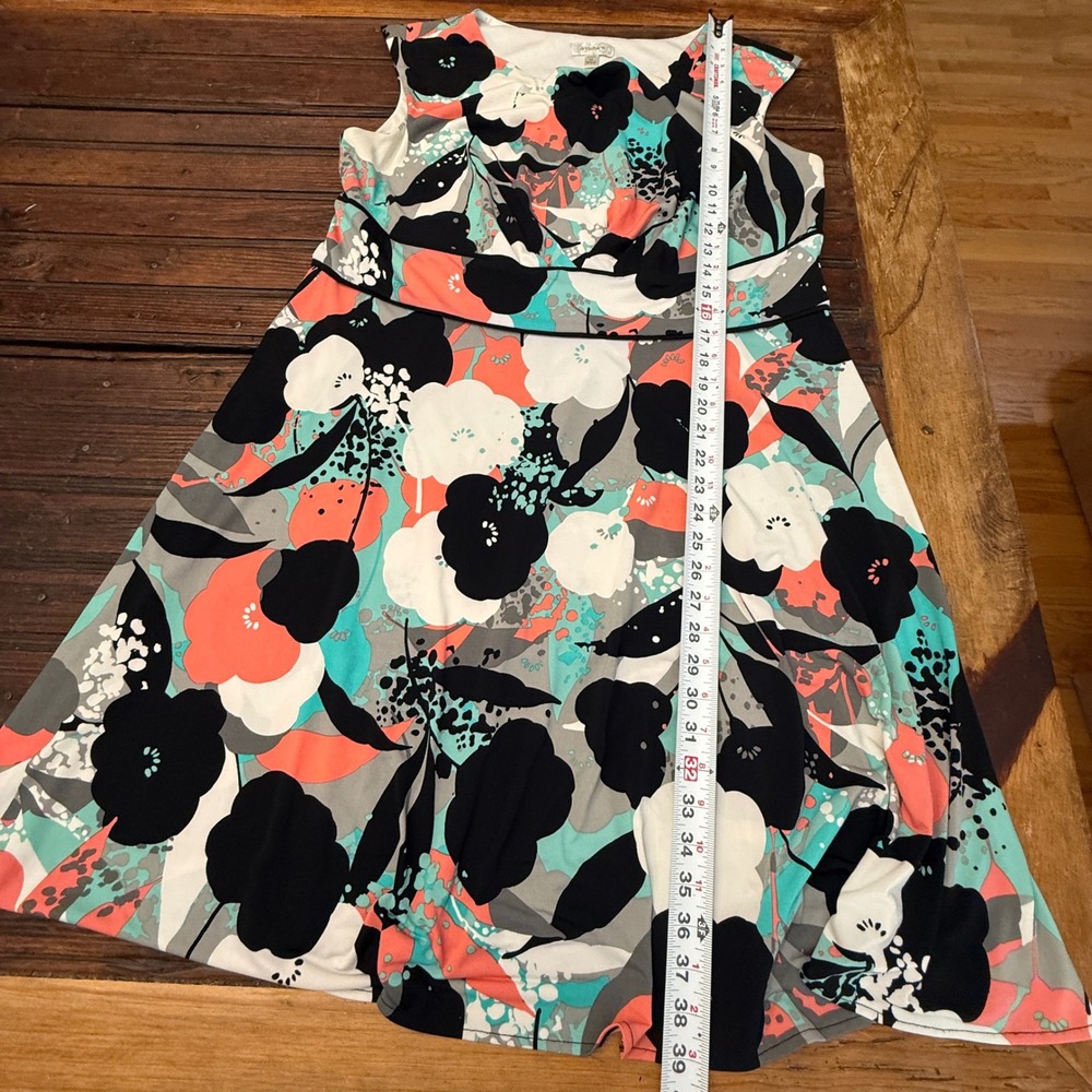 Dressbarn Women 16W Floral Empire Waist Sleeveless Fit Flare Dress Teal Coral - Picture 7 of 7